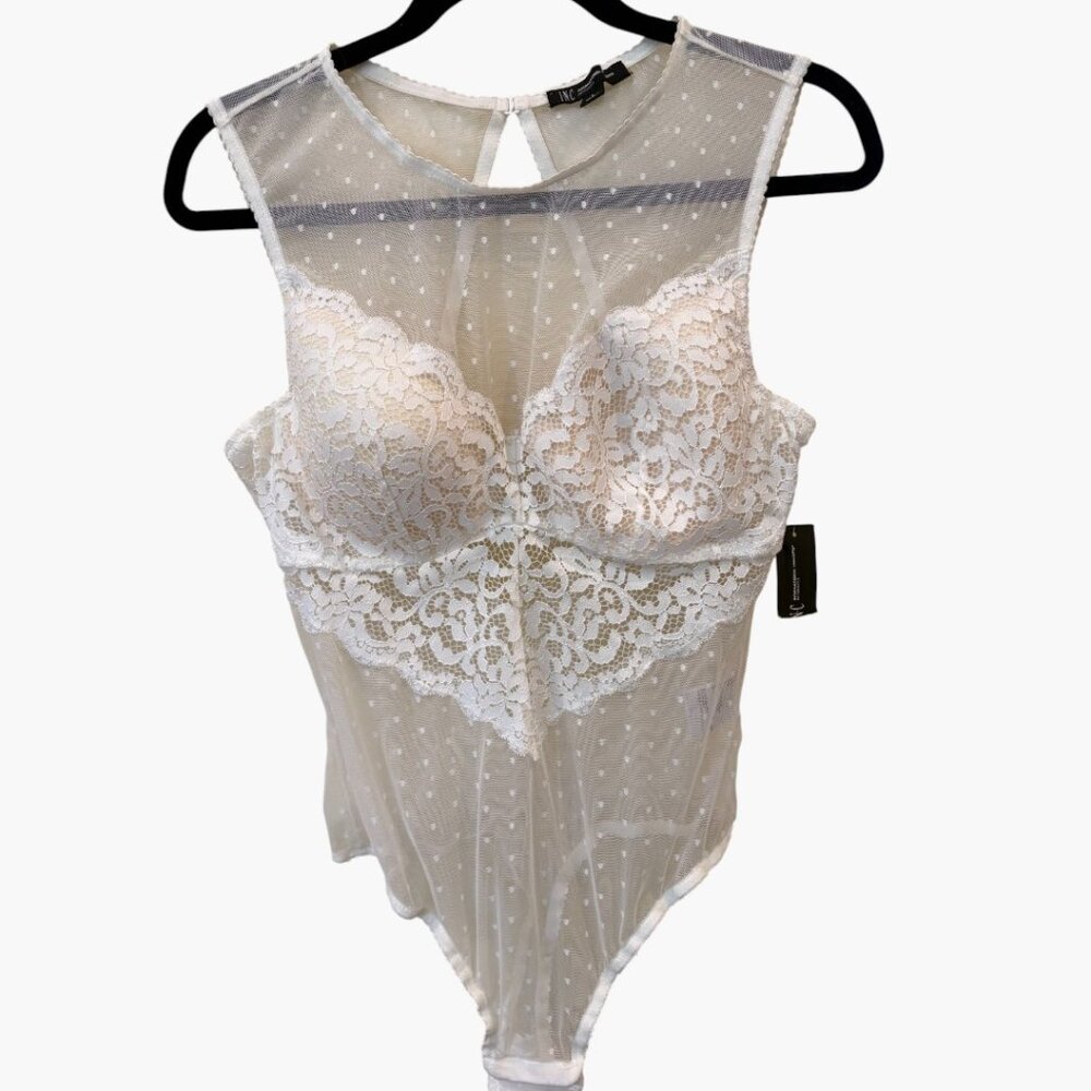 INC International Concepts Sz Bodysuit Cupped Swiss Dot Thong NWT